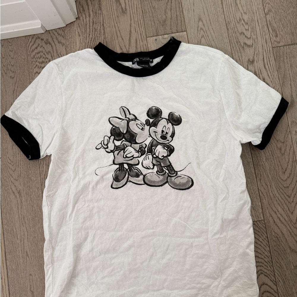 Disney x Zara White Ringer Tee with Black Trim Featuring Mickey & Minnie Sketch